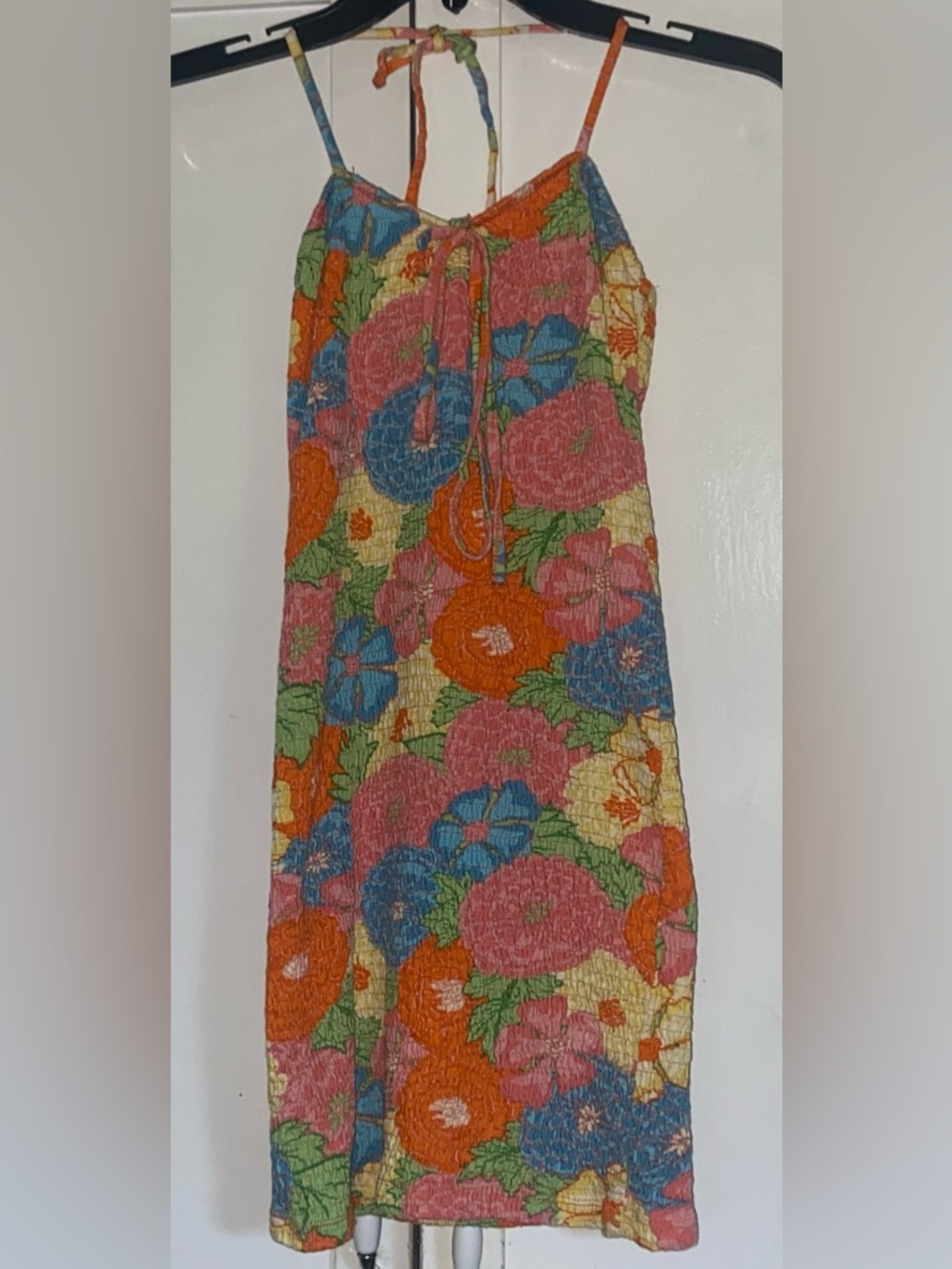 Zara Bright Floral Smocked Mini Dress - Pink, Orange, Blue, Yellow, Green - Picture 2 of 4